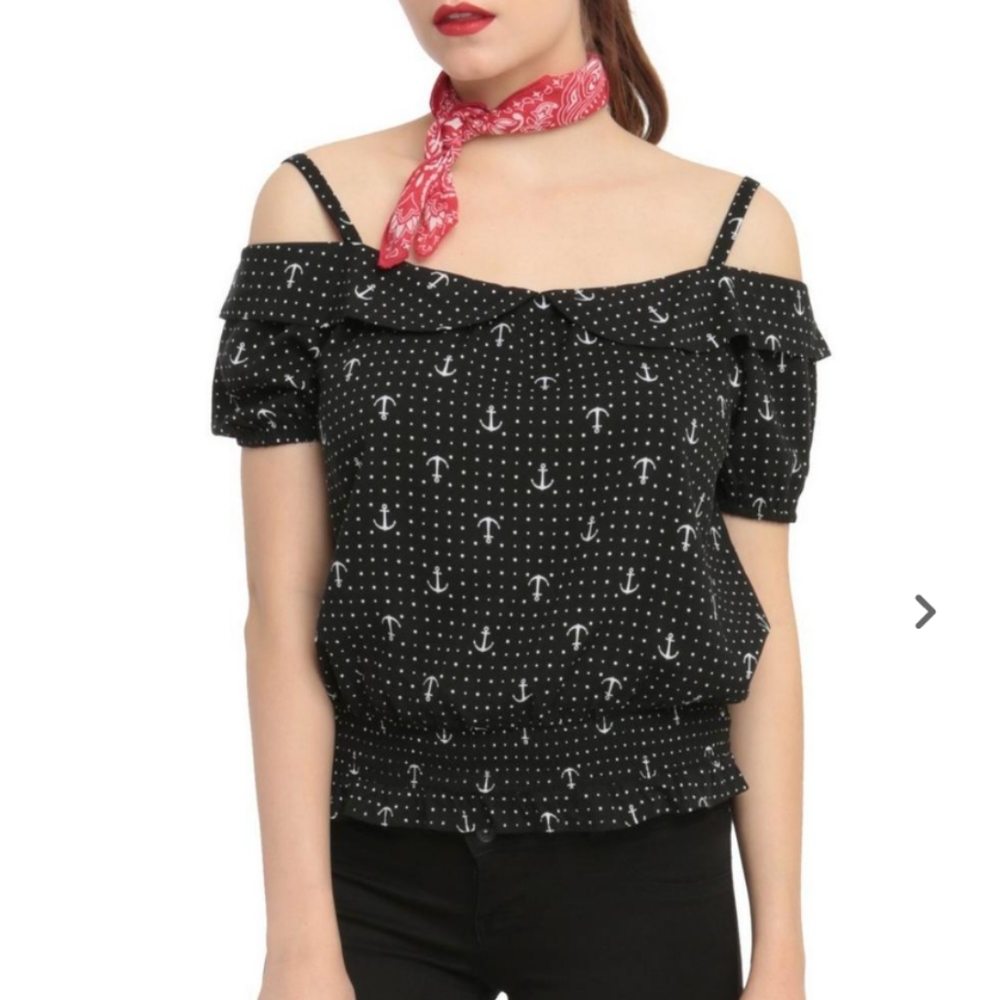 Hottopic Black & White Dot Anchor Cold-Shoulder Top Small Retro Rockabilly